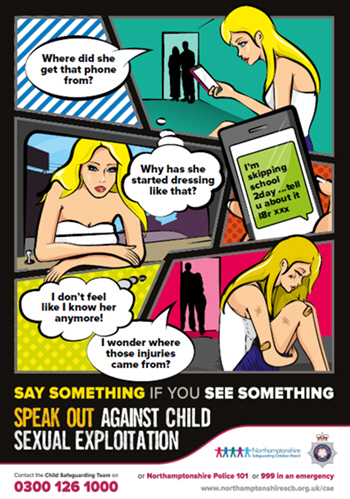 CSE campaign poster uses a comic-strip to illustrate possible behaviours linked to CSE